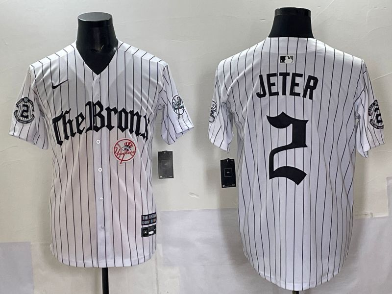 Men 2025 New York Yankees #2 Jeter White Stripe Five generations Joint Name Nike MLB Jersey style 010